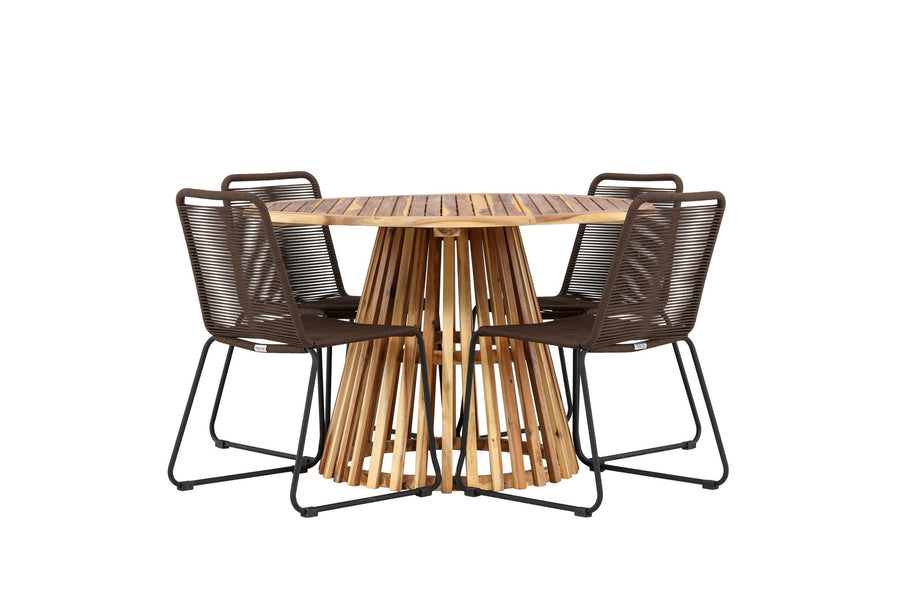 Lumpur Esstisch rund ø110 - Akazie / Teakoptik - Lindos Essstuhl Aluminium - schwarz