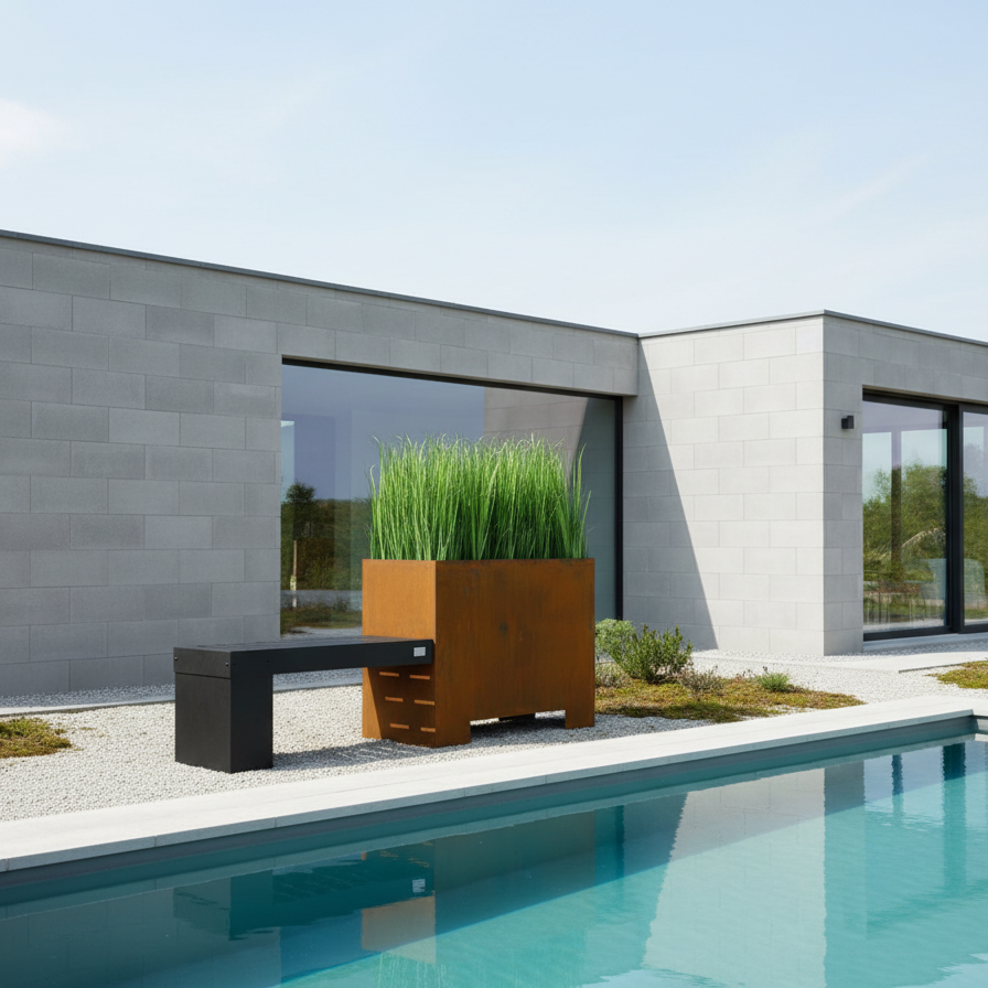 bank mit pflanztopf BOTANI Bank und Blumentopf, schwarz / Corten – dangarden