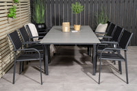 Levels Esstisch 160/240 - schwarz / grau + Santorini Armlehnstuhl - schwarzes Aluminium / schwarzes Textilene