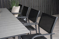 Levels Esstisch 160/240 - schwarz / grau + Santorini Armlehnstuhl - schwarzes Aluminium / schwarzes Textilene