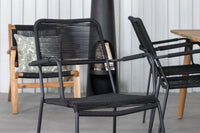 Julian Esstisch 210*100 - Akazie + Lindos Armlehnstuhl - schwarzes Aluminium / schwarzes Geflecht