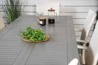 Albany Esstisch 152/210 - weißes Aluminium / graues Aintwood + Anna Armlehnenstuhl - weiß