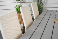 Break Esstisch 205*90 - weißes Aluminium / graues Aintwood + Anna Armlehnstuhl - weiß