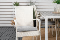 Break Esstisch 205*90 - weißes Aluminium / graues Aintwood + Anna Armlehnstuhl - weiß