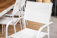 Bois Esstisch 200*100 - weißes Aluminium / Akazie + Santorini Armlehnstuhl - weißes Aluminium / Textilene