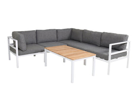 Copacabana Ecksofa mit Brasilia Couchtisch - weißes Aluminium / grau / Teak