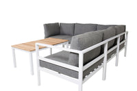 Copacabana Ecksofa mit Brasilia Couchtisch - weißes Aluminium / grau / Teak