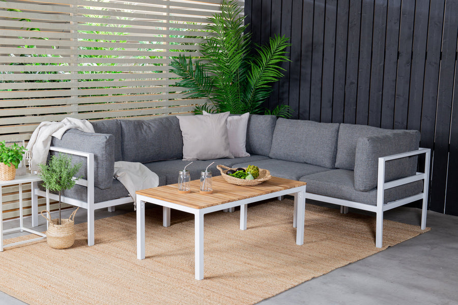 Copacabana Ecksofa mit Brasilia Couchtisch - weißes Aluminium / grau / Teak