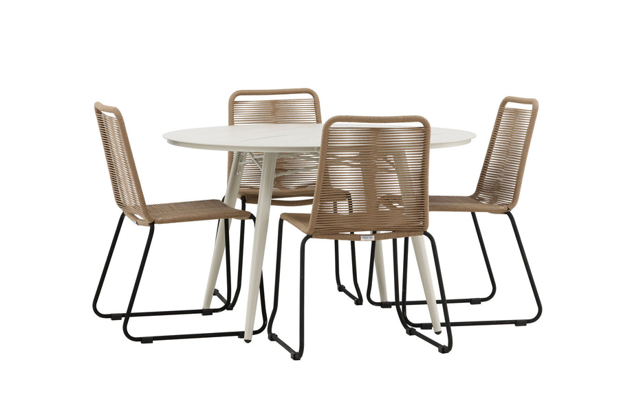 Lina Esstisch 120ø - beige + Lindos Essstuhl - schwarz Aluminium / Latte Gewebe