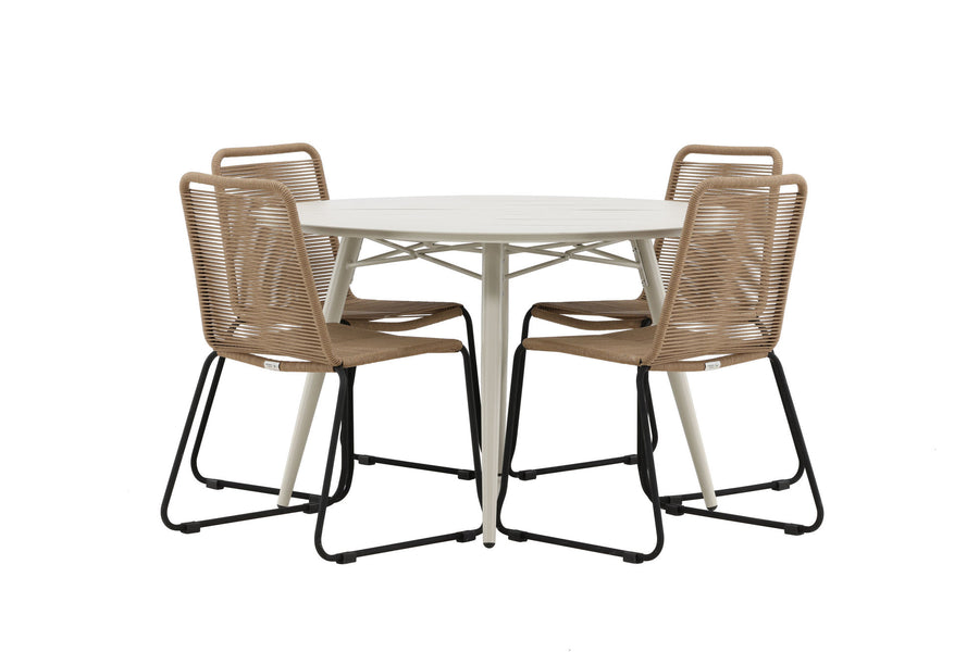 Lina Esstisch 120ø - beige + Lindos Essstuhl - schwarz Aluminium / Latte Gewebe