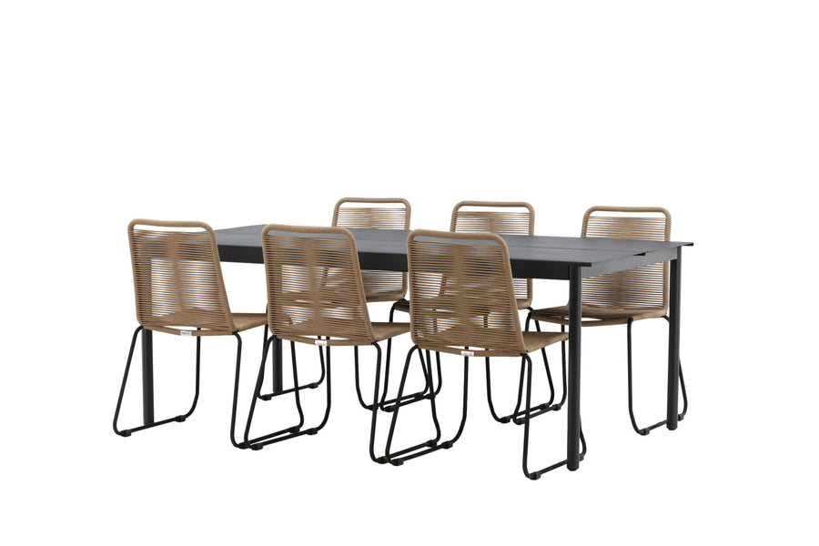 Modena Esstisch 200*100 - schwarz + Lindos Essstuhl - schwarz Aluminium / Latte Gewebe