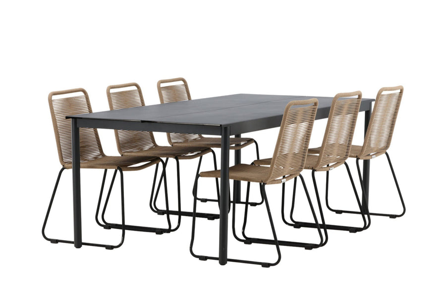 Modena Esstisch 200*100 - schwarz + Lindos Essstuhl - schwarz Aluminium / Latte Gewebe