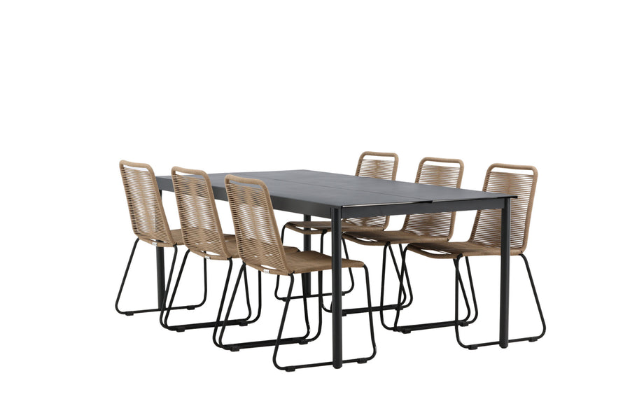 Modena Esstisch 200*100 - schwarz + Lindos Essstuhl - schwarz Aluminium / Latte Gewebe