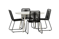 Lina Esstisch 120ø - beige + Lindos Essstuhl - schwarz Aluminium / schwarzes Geflecht