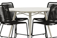 Lina Esstisch 120ø - beige + Lindos Essstuhl - schwarz Aluminium / schwarzes Geflecht