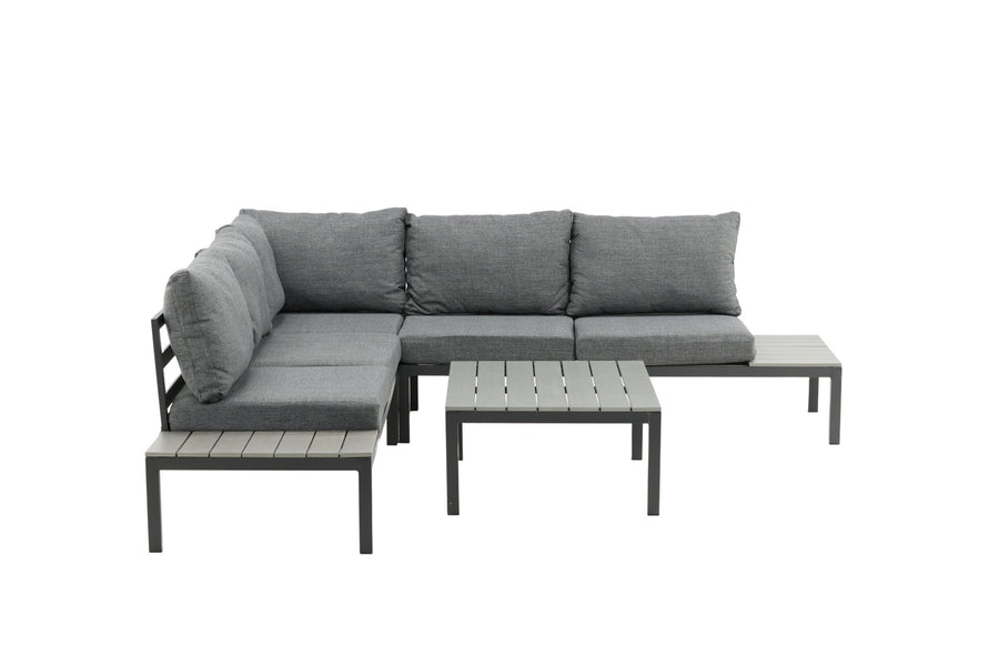 Odense Lounge-Sofa mit Couchtisch - schwarzes Aluminium / graue Kissen / graues Aintwood