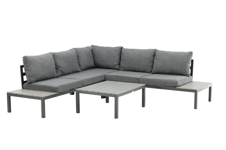 Odense Lounge-Sofa mit Couchtisch - schwarzes Aluminium / graue Kissen / graues Aintwood