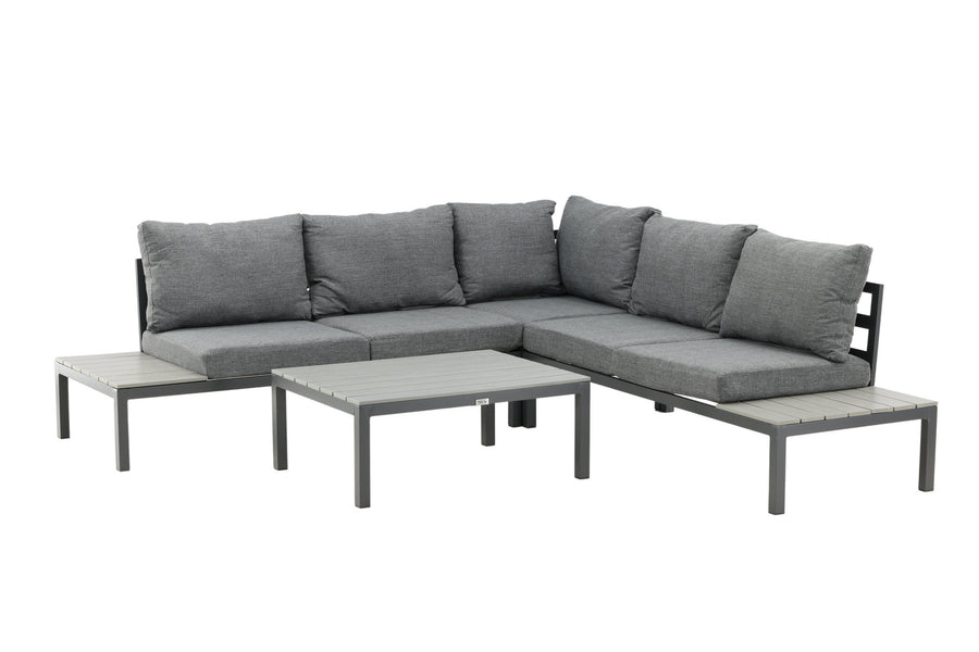 Odense Lounge-Sofa mit Couchtisch - schwarzes Aluminium / graue Kissen / graues Aintwood