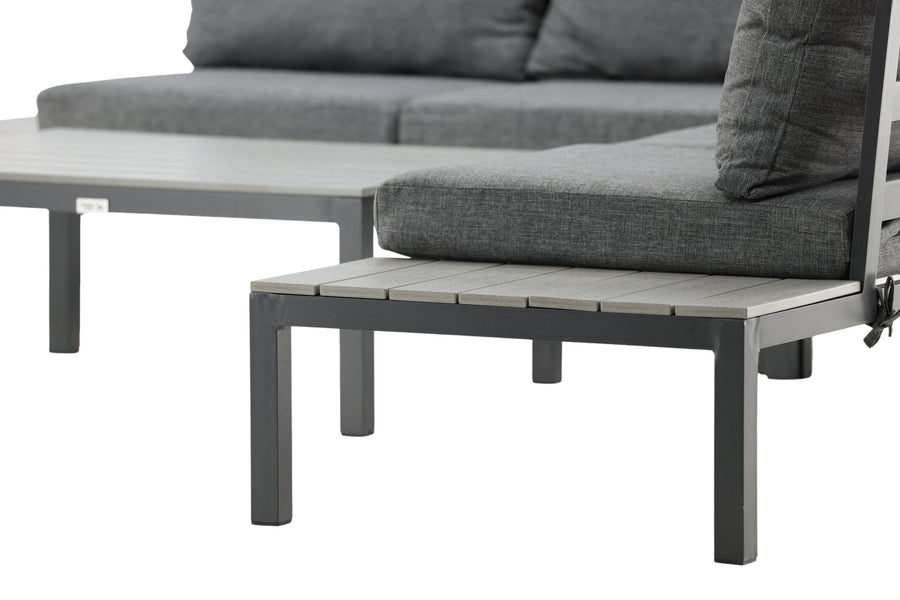 Odense Lounge-Sofa mit Couchtisch - schwarzes Aluminium / graue Kissen / graues Aintwood