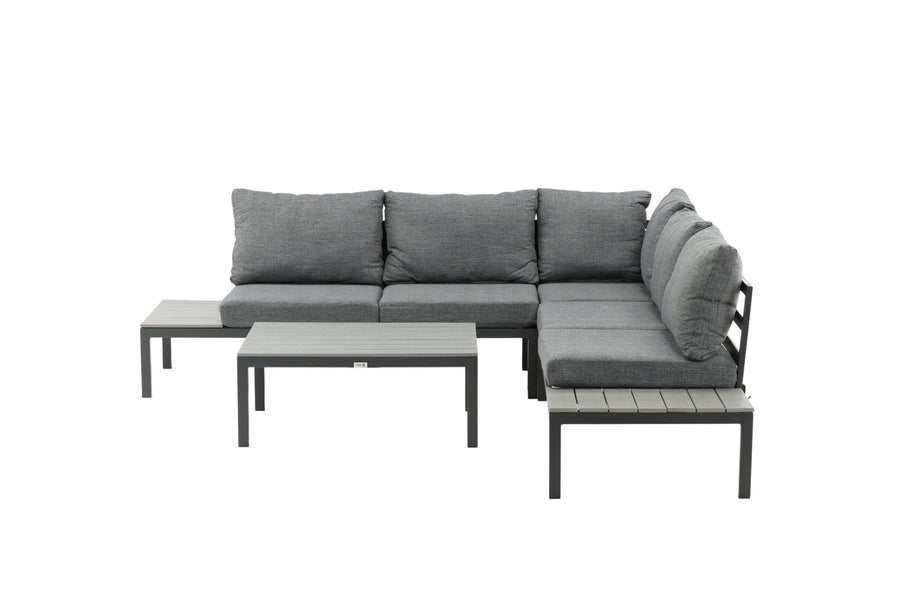 Odense Lounge-Sofa mit Couchtisch - schwarzes Aluminium / graue Kissen / graues Aintwood