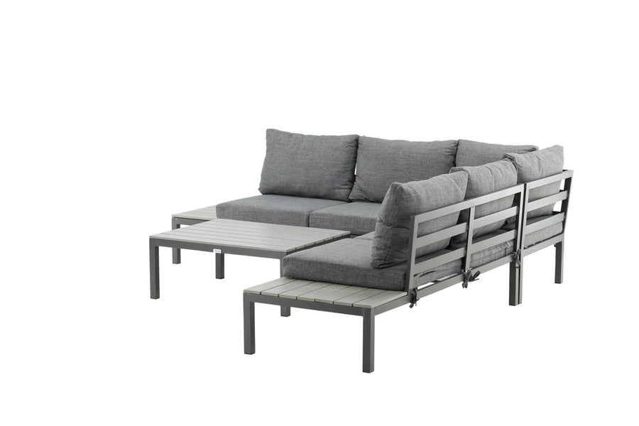 Odense Lounge-Sofa mit Couchtisch - schwarzes Aluminium / graue Kissen / graues Aintwood