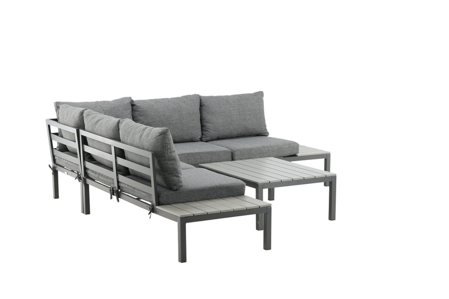 Odense Lounge-Sofa mit Couchtisch - schwarzes Aluminium / graue Kissen / graues Aintwood