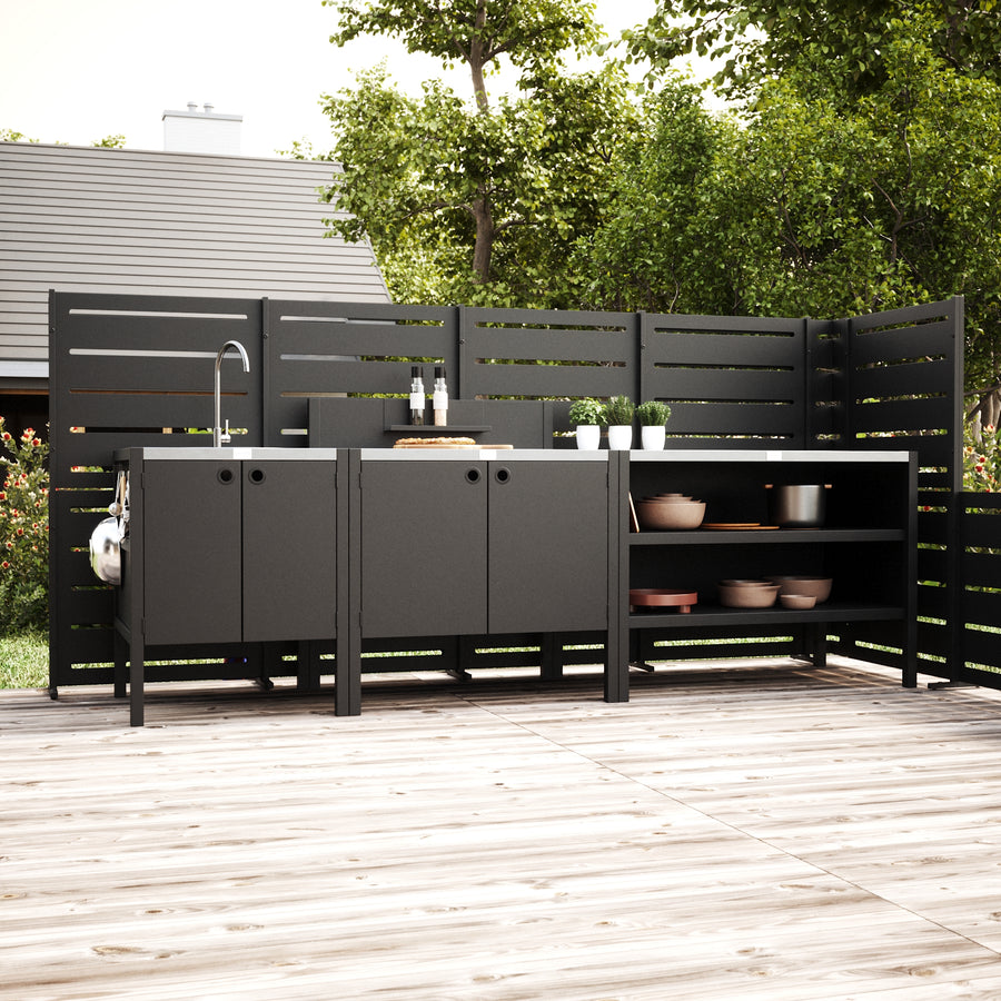 UMAMI Außenküchenpaket, Spülenmodul, Modul 1 und Modul 2, schwarz / Edelstahl