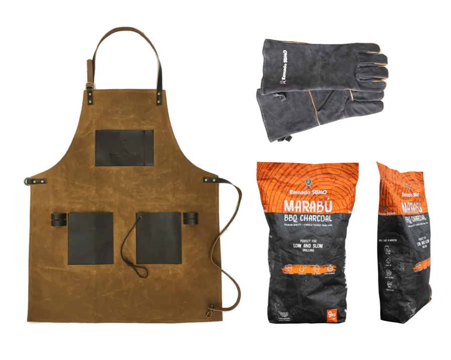 Kamado SUMO Paket mit Schürze, Handschuhen und Kohle x 2