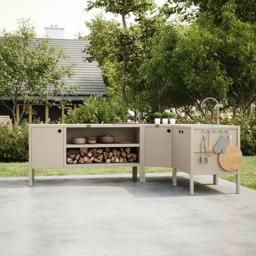 UMAMI Außenküchenpaket, Spülenmodul, Eckmodul, Modul 3, beige