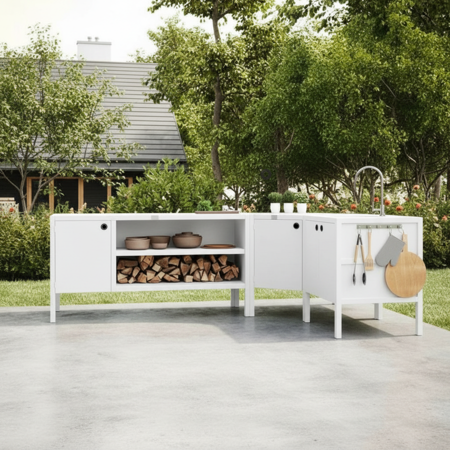 UMAMI Außenküchenpaket, Spülenmodul, Eckmodul, Modul 3, weiß