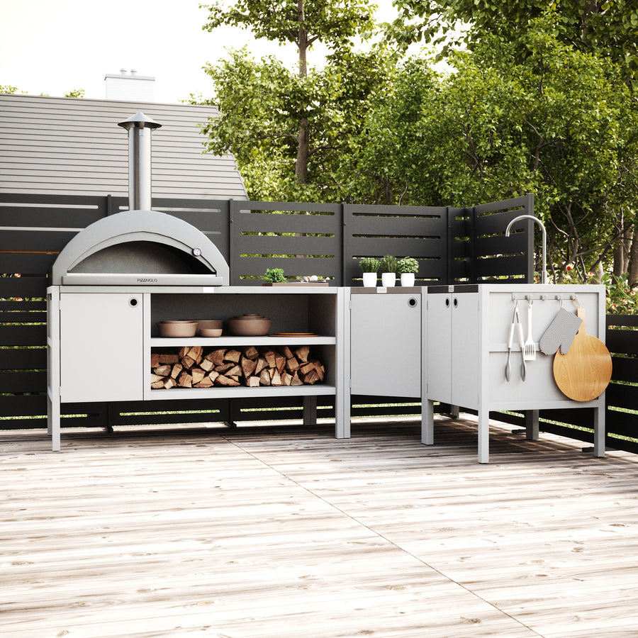 UMAMI Außenküchenpaket, Spülenmodul, Eckmodul, Modul 3, weiß / rostfrei