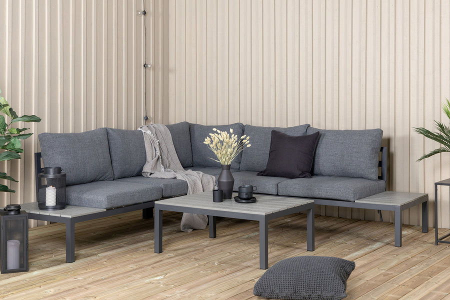 Odense Lounge-Sofa mit Couchtisch - schwarzes Aluminium / graue Kissen / graues Aintwood