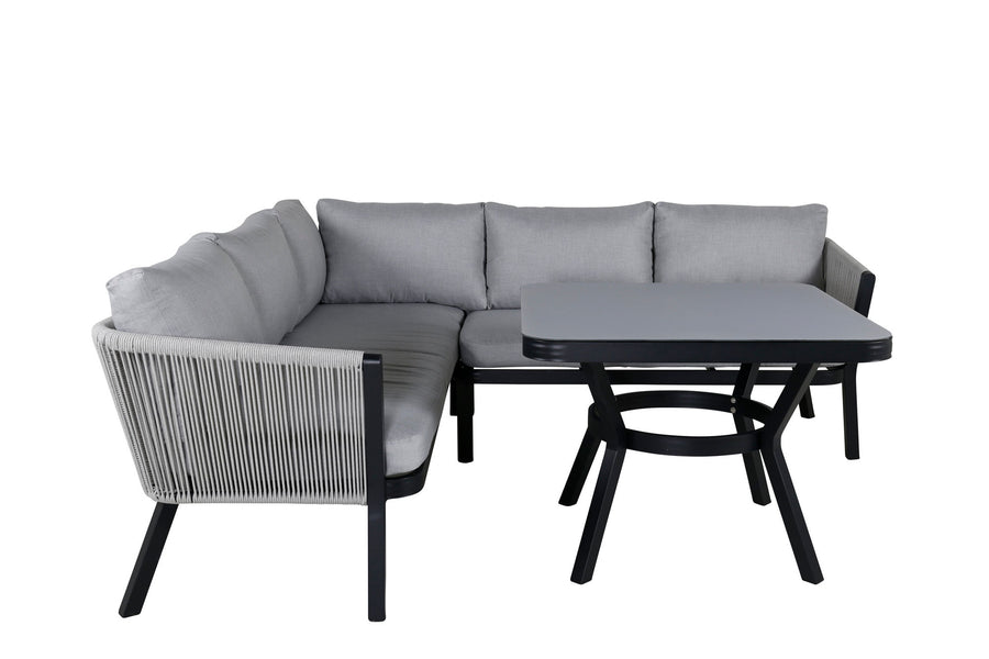 Virya Ecksofa inkl. Couchtisch (3+2+1) schwarz Aluminium / grau Seil / graue Kissen