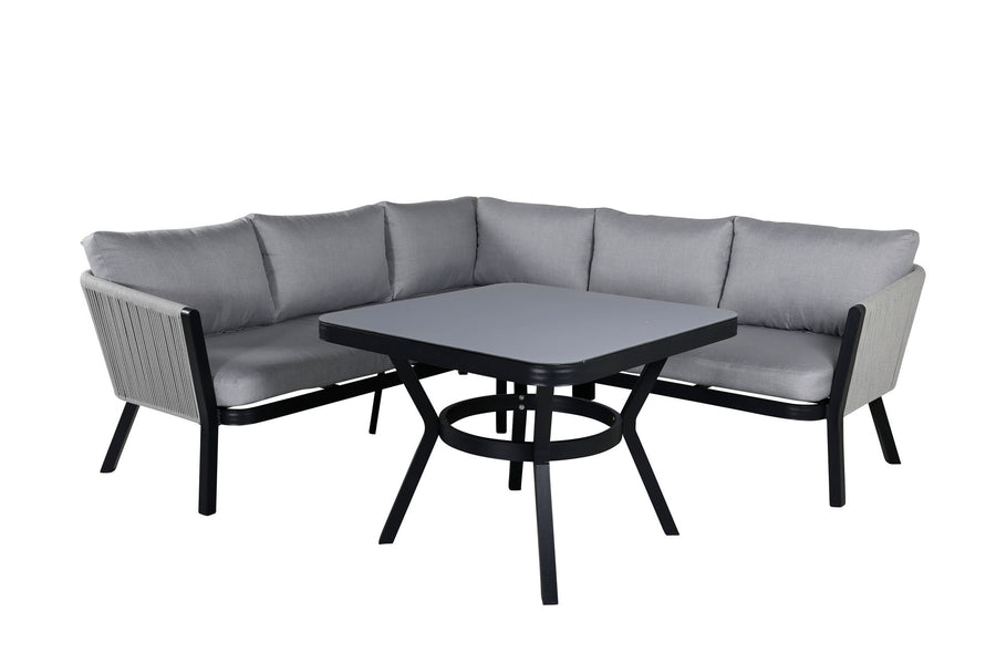 Virya Ecksofa inkl. Couchtisch (3+2+1) schwarz Aluminium / grau Seil / graue Kissen