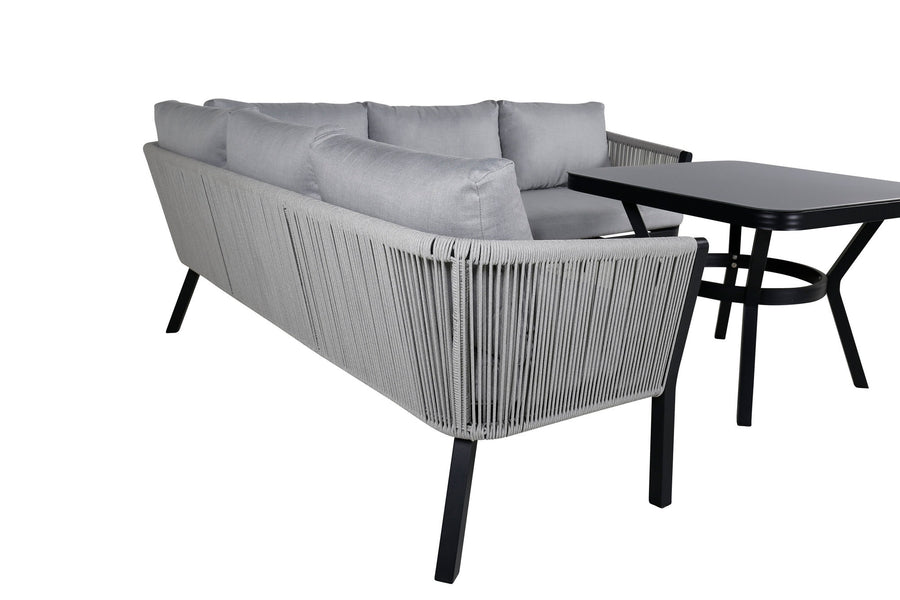 Virya Ecksofa inkl. Couchtisch (3+2+1) schwarz Aluminium / grau Seil / graue Kissen