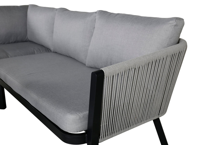 Virya Ecksofa inkl. Couchtisch (3+2+1) schwarz Aluminium / grau Seil / graue Kissen