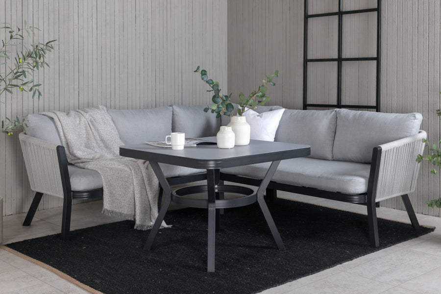 Virya Ecksofa inkl. Couchtisch (3+2+1) schwarz Aluminium / grau Seil / graue Kissen