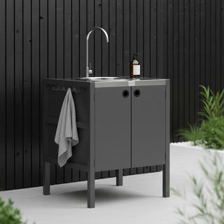 UMAMI Außenküchenpaket, Spülenmodul sowie Modul 3, schwarz / rostfrei