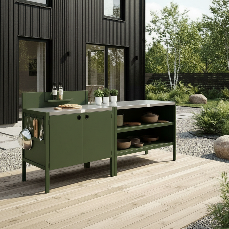 Sonderpreis UMAMI Außenküche Modul 1 + 2 inkl. Überzug, grün / rostfrei