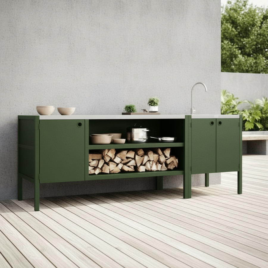 UMAMI Uteküchenpaket, Spülmodul sowie Modul 3, grün / Edelstahl