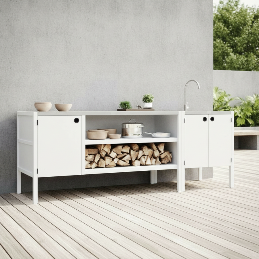 UMAMI Außenküchenpaket, Spülenmodul sowie Modul 3, weiß / rostfrei