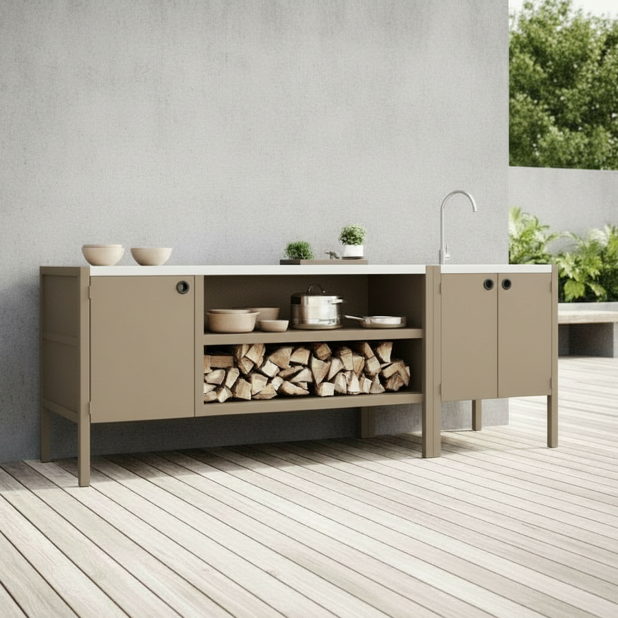 UMAMI Außenküchenpaket, Spülenmodul sowie Modul 3, beige / rostfrei