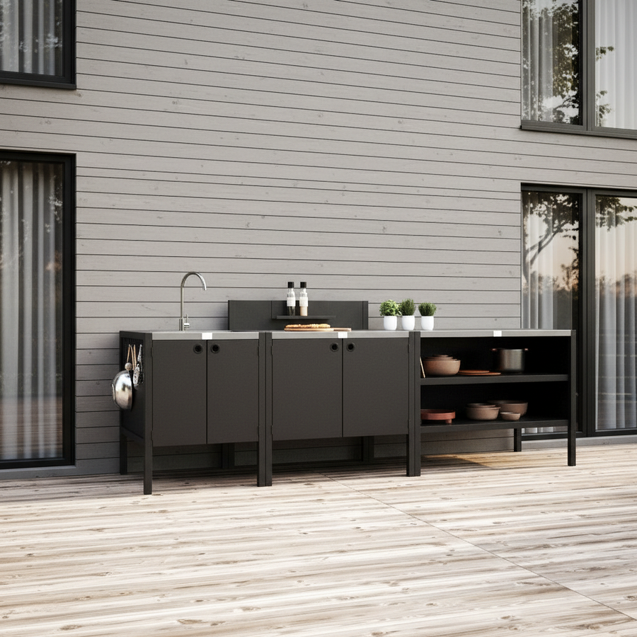 UMAMI Außenküchenpaket, Spülenmodul, Modul 1 und Modul 2, schwarz / Edelstahl