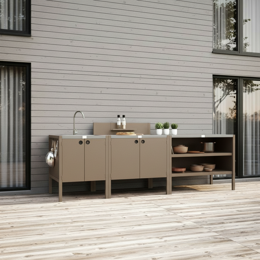 UMAMI Außenküchenpaket, Spülenmodul, Modul 1 und Modul 2, beige / rostfrei