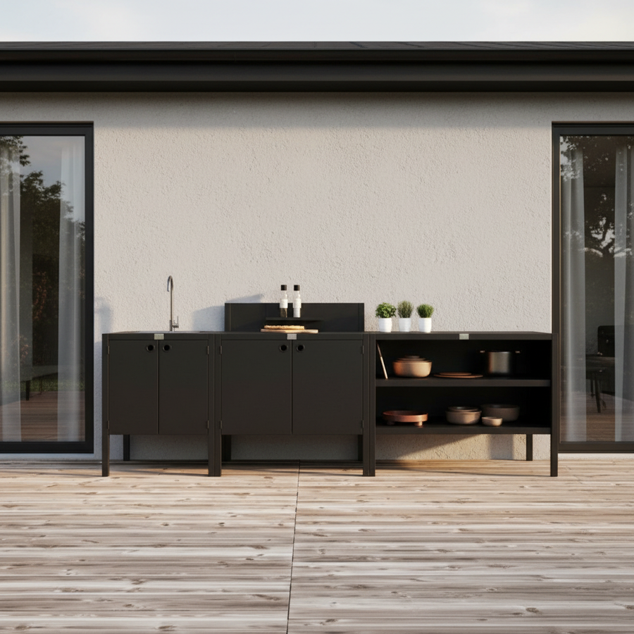 UMAMI Außenküchenpaket, Spülmodul, Modul 1 und Modul 2, schwarz