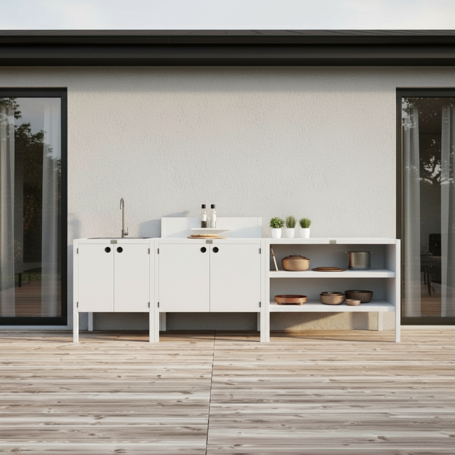 UMAMI Außenküchenpaket, Spülmodul, Modul 1 und Modul 2, weiß