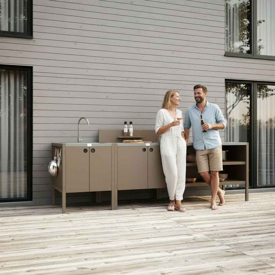 UMAMI Außenküchenpaket, Spülenmodul, Modul 1 und Modul 2, beige / rostfrei