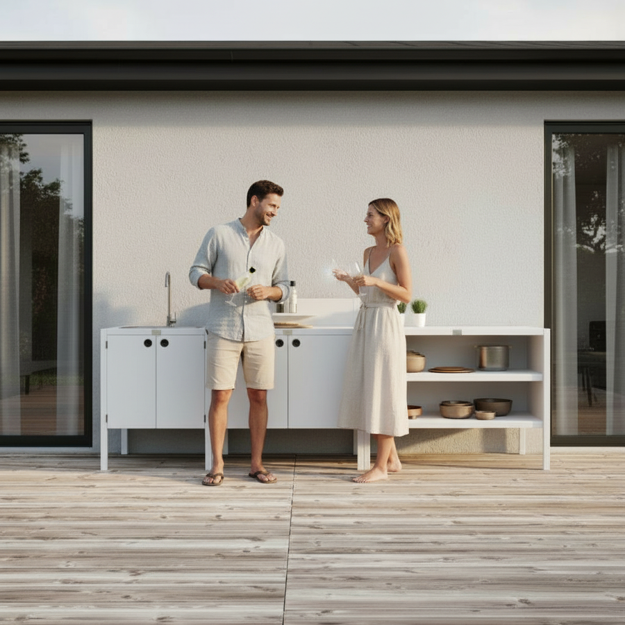 UMAMI Außenküchenpaket, Spülmodul, Modul 1 und Modul 2, weiß