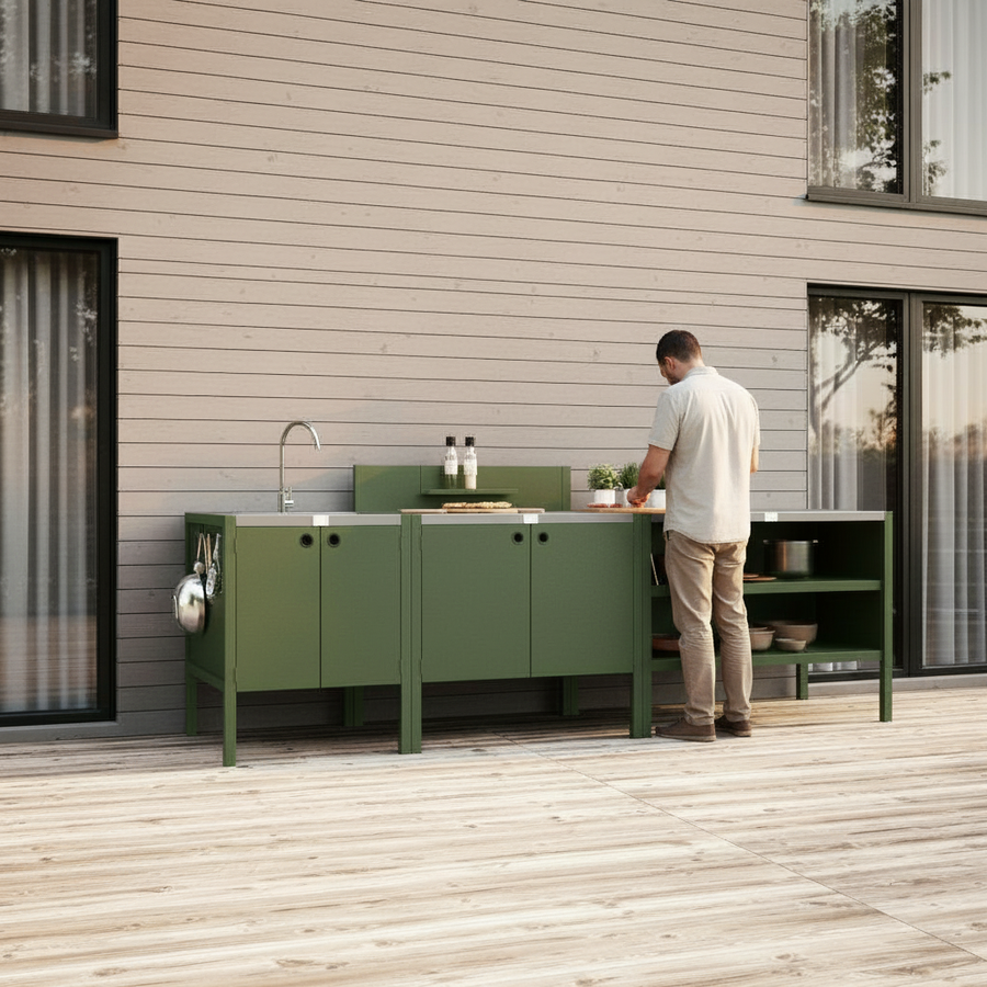 UMAMI Uteküchenpaket, Spülmodul, Modul 1 und Modul 2, grün / Edelstahl