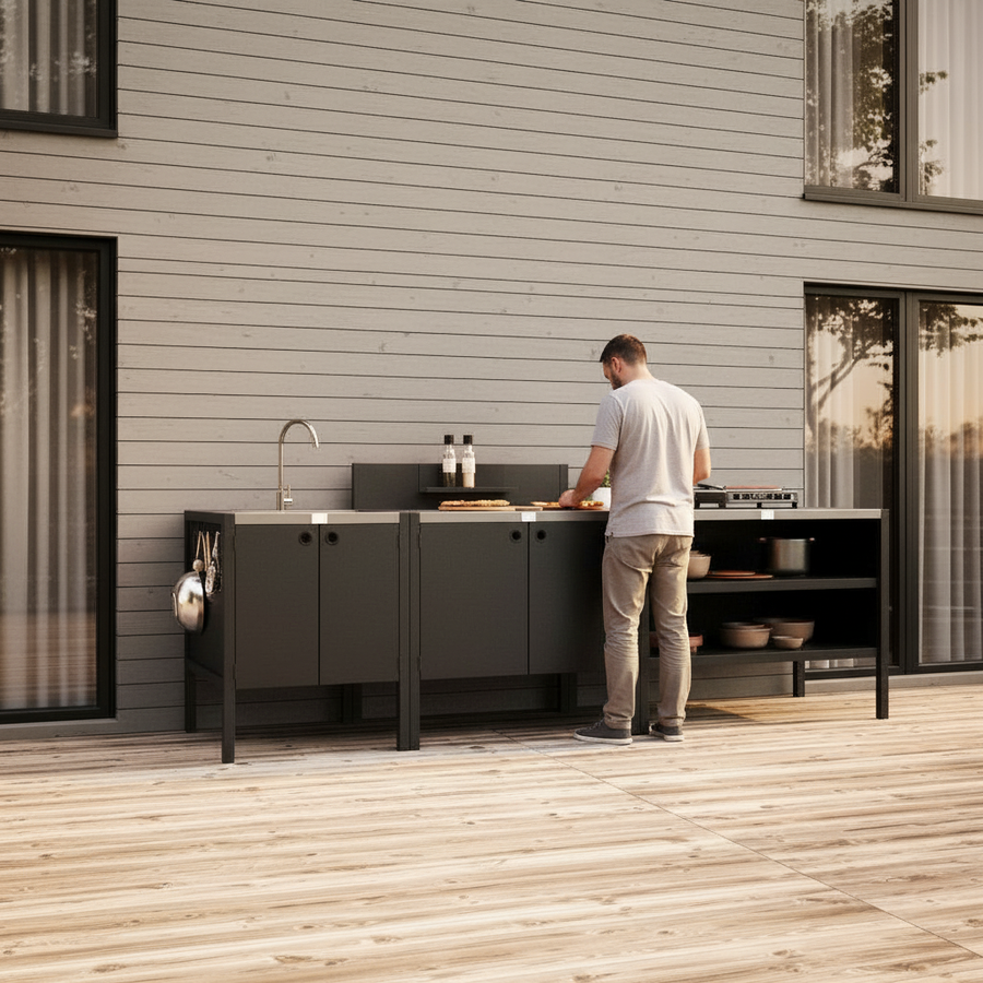 UMAMI Außenküchenpaket, Spülenmodul, Modul 1 und Modul 2, schwarz / Edelstahl